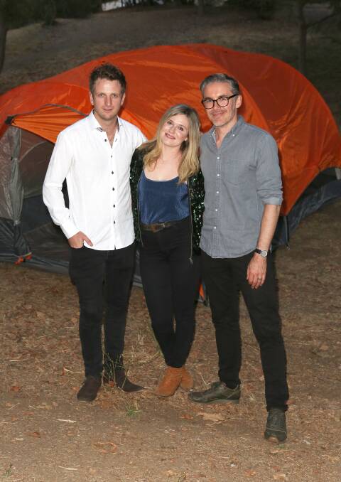 Killing Ground actors Aaron Glenane and Harriet Dyer with Damien Power at the film's Los Angeles premier in 2017. Picture: Getty Images