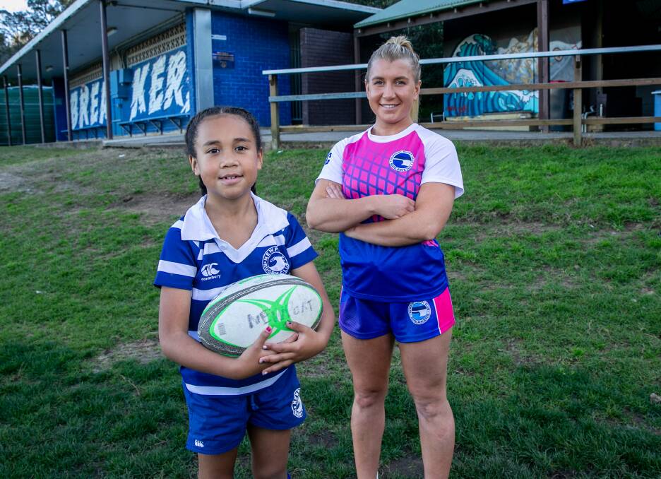 GAME CHANGER: Newport Rugby club players Sarah Vuatu, 7, and Ashlee Green at Porter Reserve. Picture: Geoff Jones