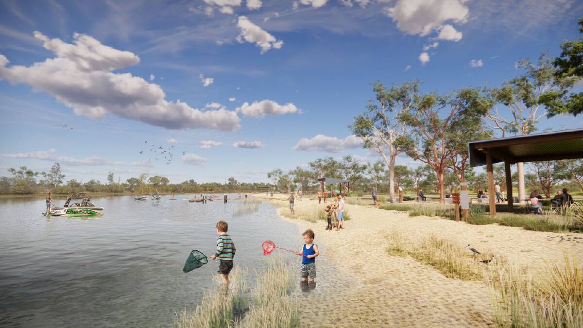 Concept art of the new river leisure craft activities area with pontoon and picnic
shelters in Coonamble. Picture supplied