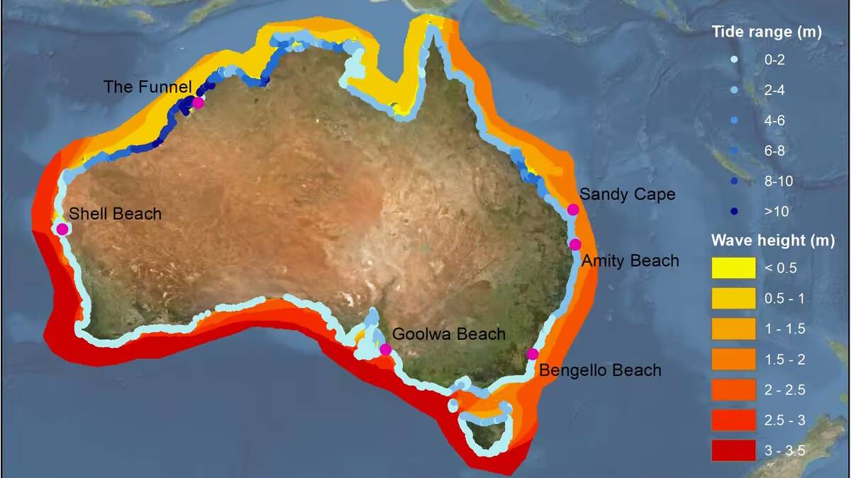 How wave heights and tides vary around Australia. The tidal range at each beach is shown by one point. Author provided figure; mean significant wave height data from CAWCR wave hindcast, tide model data courtesy Robbi Bishop-Taylor.
