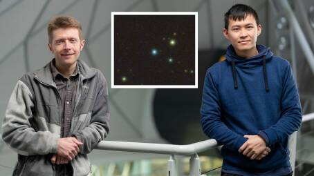 Dr Chris Onken and Samuel Lai. Inset: SkyMapper's colour view of that part of the sky, with J1144 being the blue source at the centre. Pictures: Jamie Kidston/Supplied. 