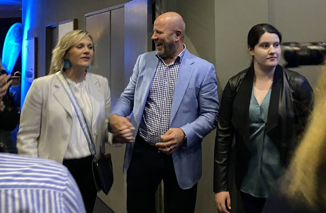 ENTRY: Zali Steggall and her husband Tim Irving arrive at her party.