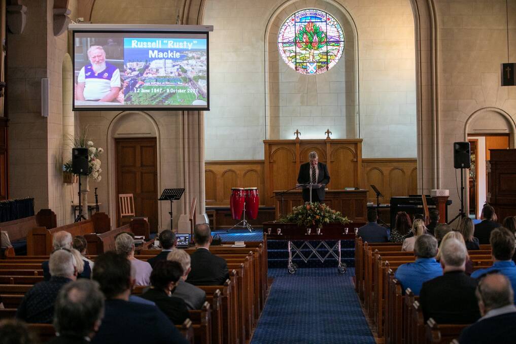 LOYAL MARLIN: Funeral of Manly Rugby legend Russell "Rusty" Mackie held at St Andrew's Presbyterian Church, Manly. Picture: Geoff Jones