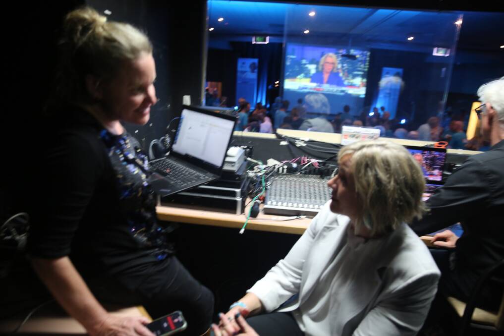 Northern Beaches Review editor Kate Cox interviewing independent Zali Steggall during the election party. Picture: Sarah Waller