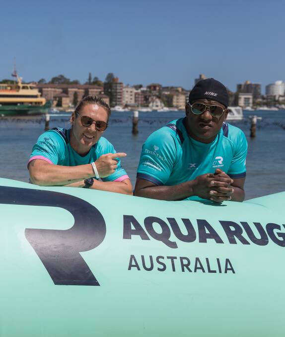 WORLD-FIRST: Rugby greats Sharni Williams and Wendell Sailor help launch Aqua Rugby in Manly.