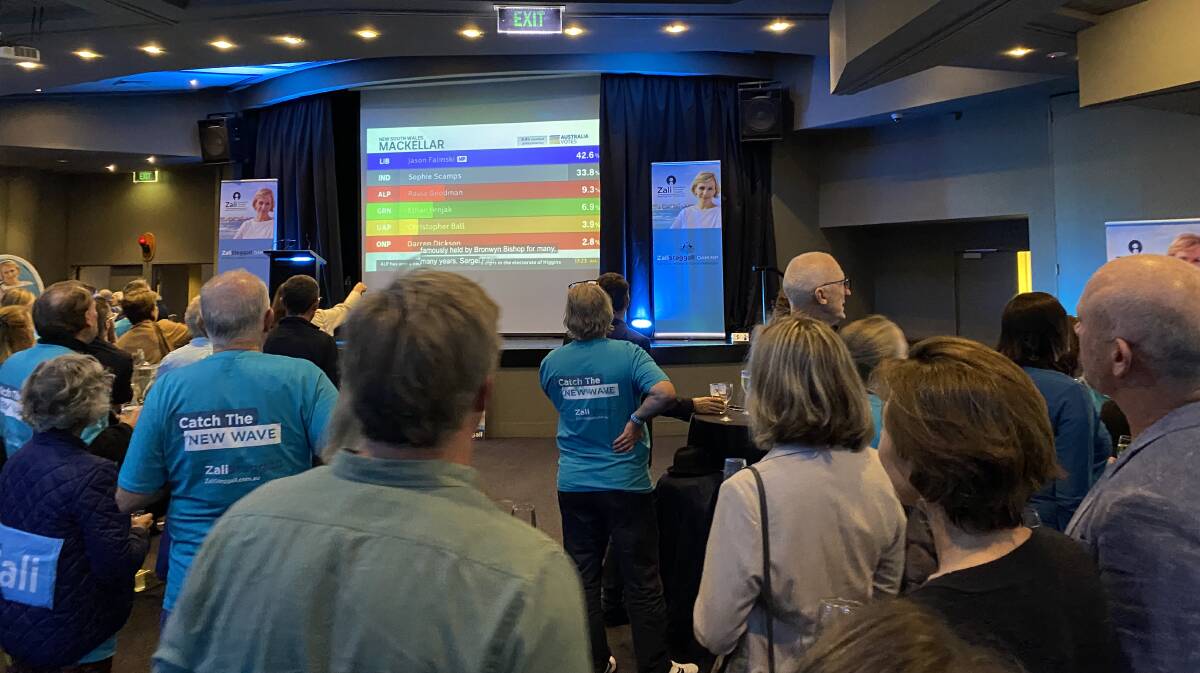 UNSURE: The Steggall party goes quiet as Mackellar results - with Falinski in front - flash up on the screen.