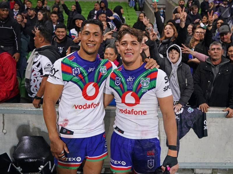 Warriors teen star Reece Walsh (r) was targeted in defence by Manly.