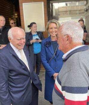 SUPPORTER: Former Prime Minister John Howard and Liberal candidate for Warringah Katherine Deves meeting people in Manly. Picture: Nadine Morton