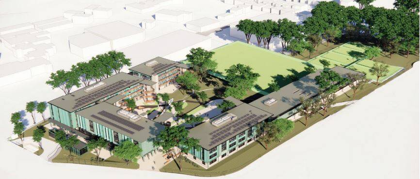 NEW LOCATION: An aerial view (artist's impression) of the proposed design for The Forest High School, looking from Allambie Road. Image: School Infrastructure 