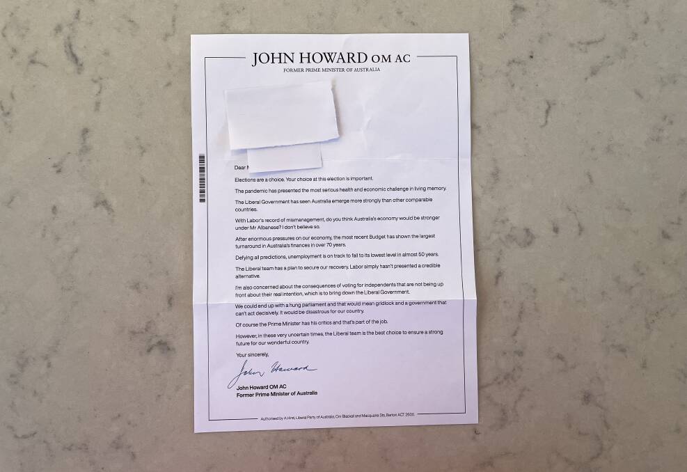 IN THE MAIL: The letter sent out to northern beaches residents by former Prime Minister John Howard.